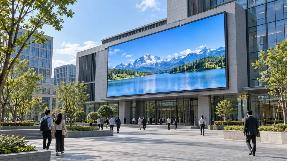 商业广场建筑外立面户外LED显示与观看空间应用示意